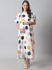 Moms Maternity Women's Maternity Georgette White Polka Print Maxi Dress