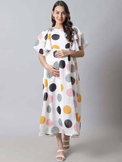 Moms Maternity Women's Maternity Georgette White Polka Print Maxi Dress