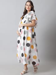 Moms Maternity Women's Maternity Georgette White Polka Print Maxi Dress