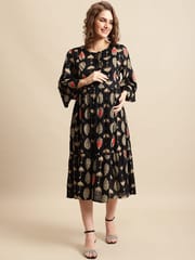 Moms Maternity Women's Maternity Rayon Black Umbrella Print Midi Dress