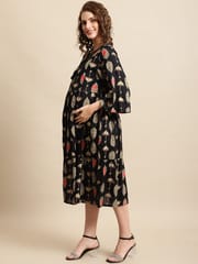 Moms Maternity Women's Maternity Rayon Black Umbrella Print Midi Dress