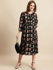 Moms Maternity Women's Maternity Rayon Black Umbrella Print Midi Dress