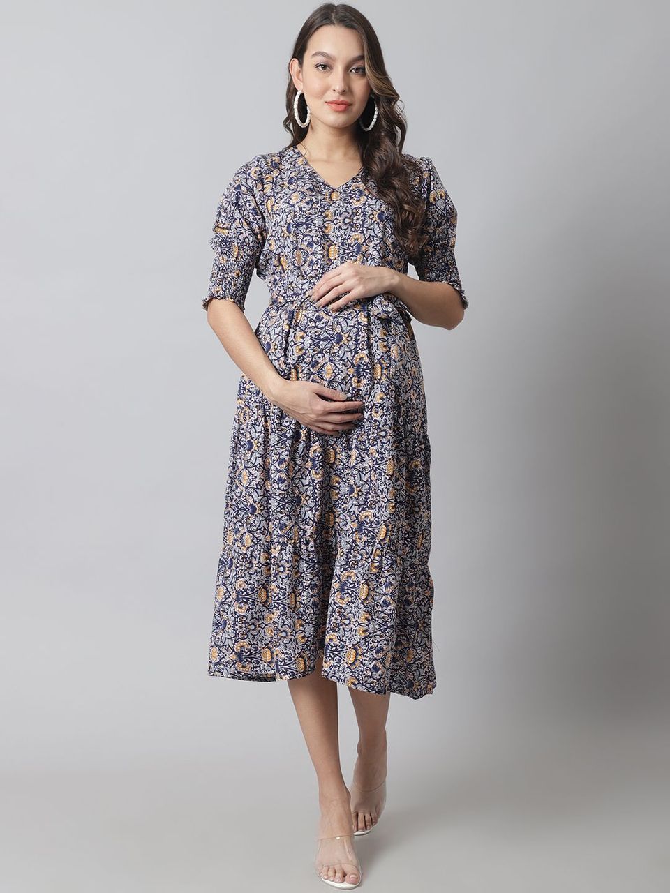 Moms Maternity Women's Maternity Crepe Navy Blue Floral Midi Dress