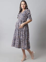 Moms Maternity Women's Maternity Crepe Navy Blue Floral Midi Dress
