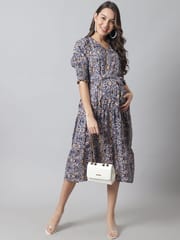 Moms Maternity Women's Maternity Crepe Navy Blue Floral Midi Dress