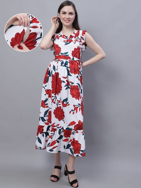 Moms Maternity Women's Maternity Crepe Floral Print White Maxi Dress
