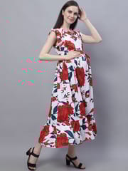 Moms Maternity Women's Maternity Crepe Floral Print White Maxi Dress
