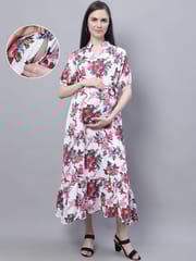 Moms Maternity Women's Maternity Crepe Floral Print White Maxi Dress