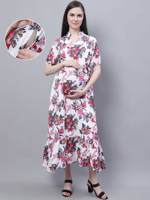 Moms Maternity Women's Maternity Crepe Floral Print White Maxi Dress