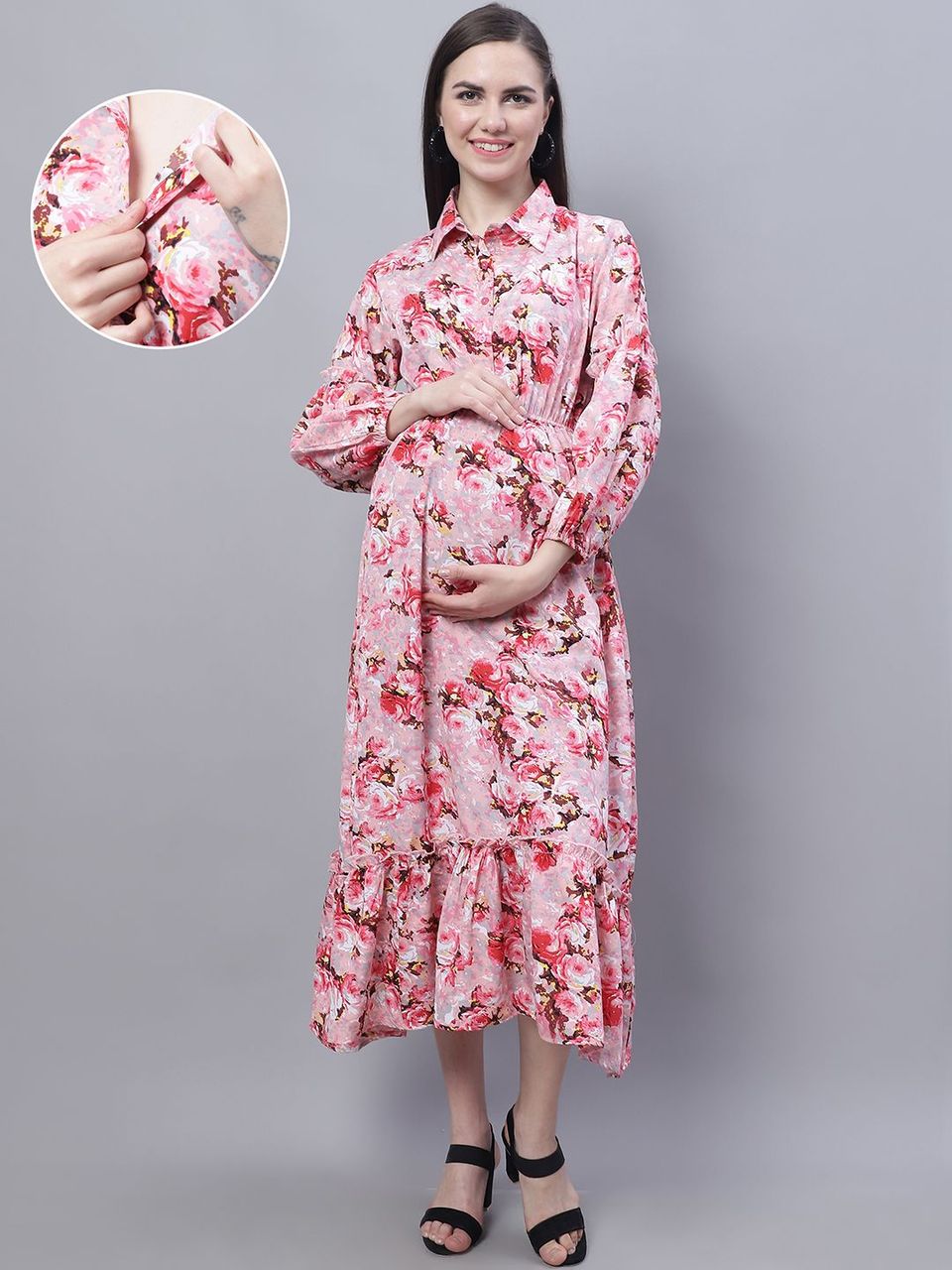 Moms Maternity Women's Maternity Crepe Floral Print Pink Midi Dress
