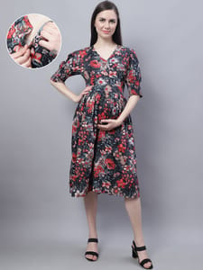 Moms Maternity Women's Maternity Crepe Floral Print Black Midi Dress
