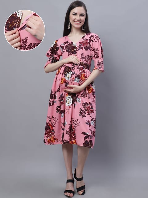 Moms Maternity Women's Maternity Crepe Floral Print Dark Pink Midi Dress