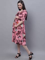 Moms Maternity Women's Maternity Crepe Floral Print Dark Pink Midi Dress