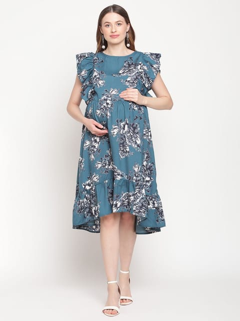 Moms Maternity Women's Maternity Crepe Floral Print Teal Blue Midi Dress
