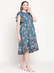 Moms Maternity Women's Maternity Crepe Floral Print Teal Blue Midi Dress