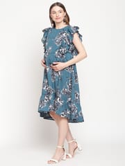 Moms Maternity Women's Maternity Crepe Floral Print Teal Blue Midi Dress