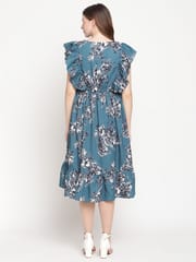 Moms Maternity Women's Maternity Crepe Floral Print Teal Blue Midi Dress