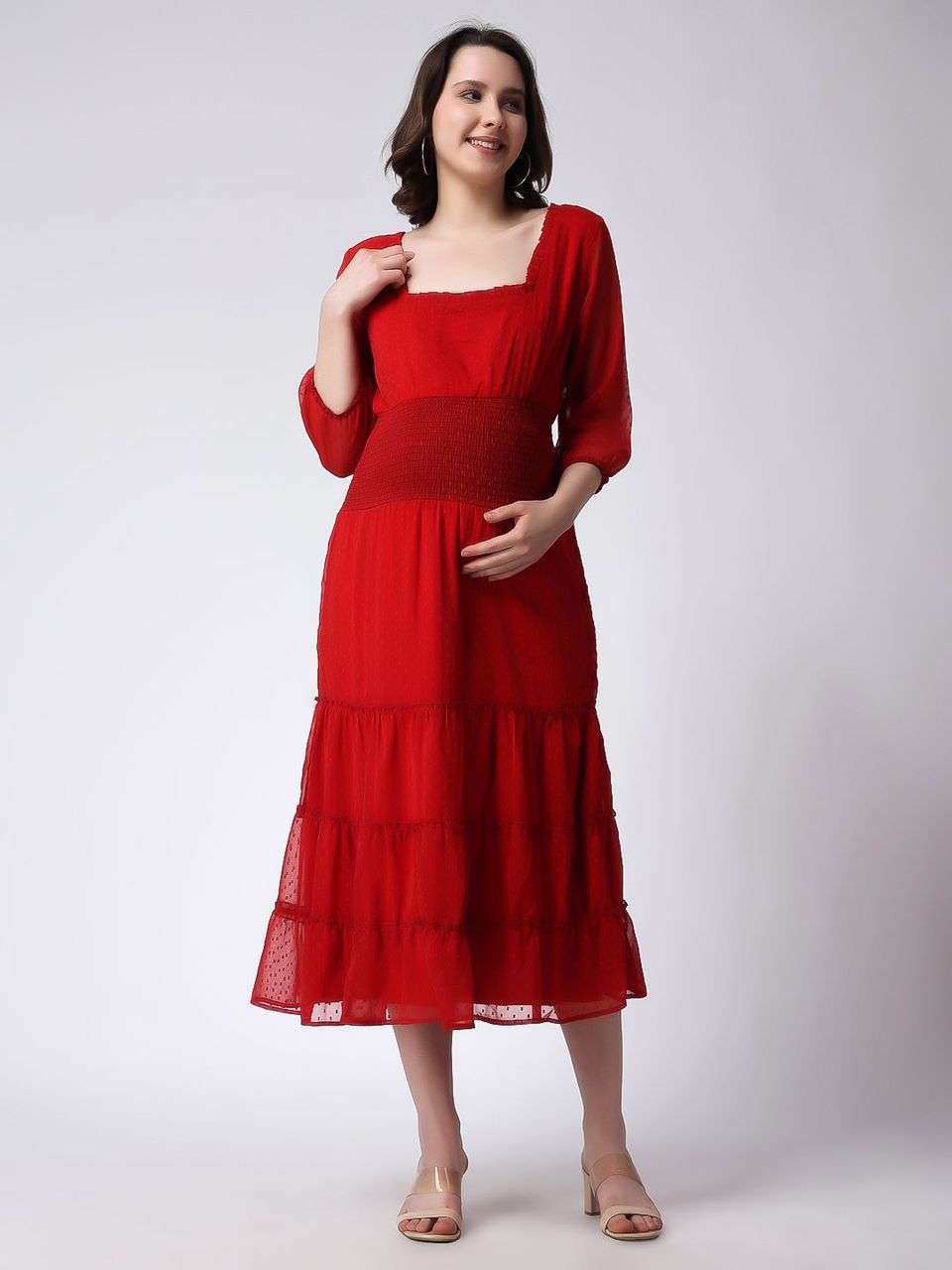 Moms Maternity Women's Georgette Solid Red Butta Maxi Dress