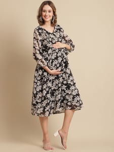 Moms Maternity Women's Maternity Georgette Floral Print Black Midi Dress
