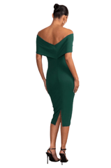 Emerald Color Bardot Bow Maternity Midi Dress With Ruching