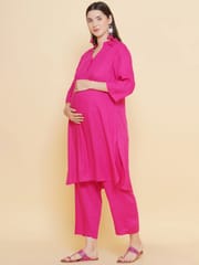 Mine4Nine Women's pink Color Shirt Collar Maternity & Nursing kurta set