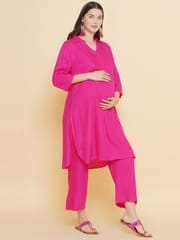 Mine4Nine Women's pink Color Shirt Collar Maternity & Nursing kurta set