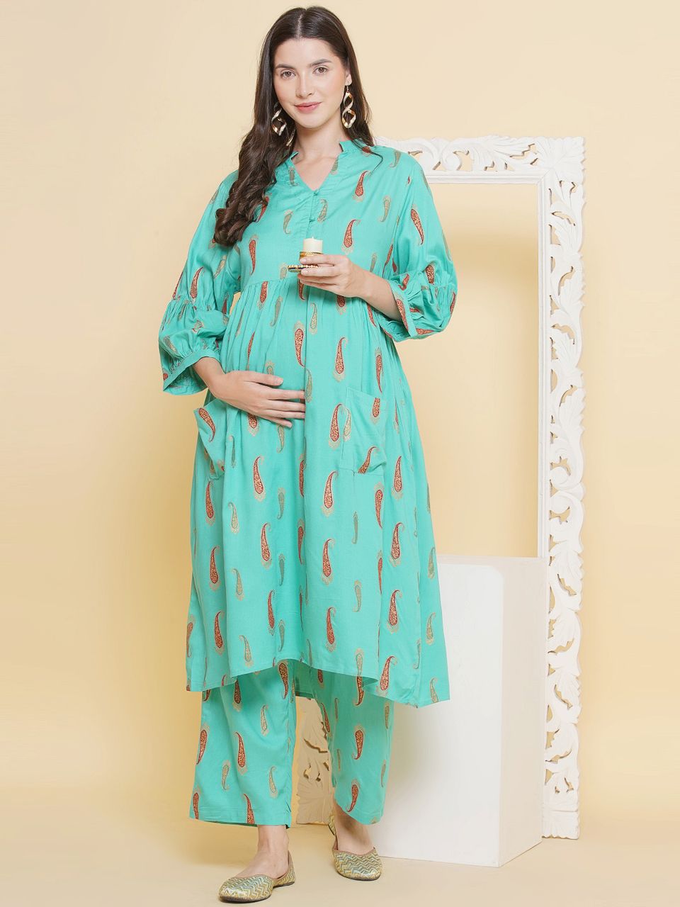 Mine4Nine Women's Green Color Shirt Collar Maternity & Nursing Kurta Set