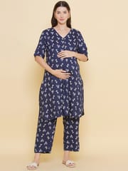 Mine4Nine Women's Navy Blue Printed Pattern Maternity & Nursing Kurta Set