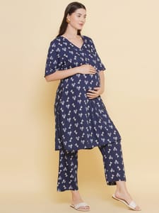 Mine4Nine Women's Navy Blue Printed Pattern Maternity & Nursing Kurta Set