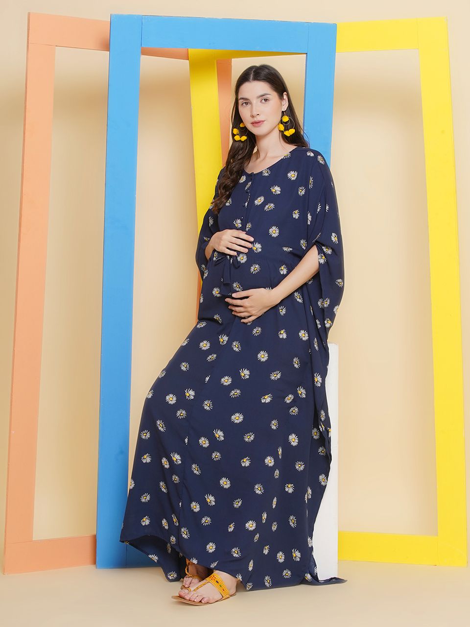 Mine4Nine Women's Navy Blue color Printed Maternity & Nursing Kaftaan Dress