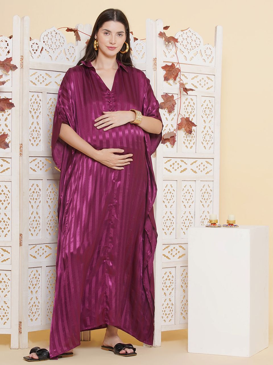 Mine4Nine Women's Wine color Long Maternity & Nursing Kaftaan Dress