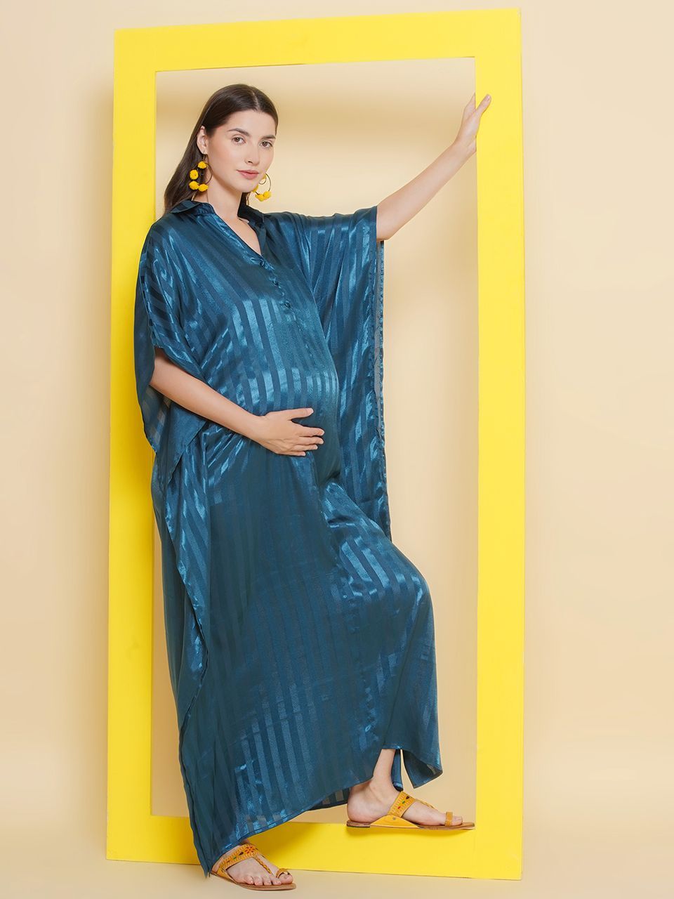 Mine4Nine Women's Teal Blue color Long Maternity & Nursing Kaftaan Dress