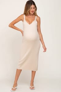 Cream Ribbed Knit V-Neck Sleeveless Maternity Midi Dress