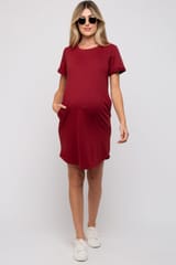 Burgundy French Terry Cuffed Short Sleeve Maternity Dress