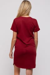 Burgundy French Terry Cuffed Short Sleeve Maternity Dress