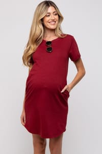 Burgundy French Terry Cuffed Short Sleeve Maternity Dress