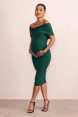 Power Green Bardot Bow Maternity Midi Dress With Ruching