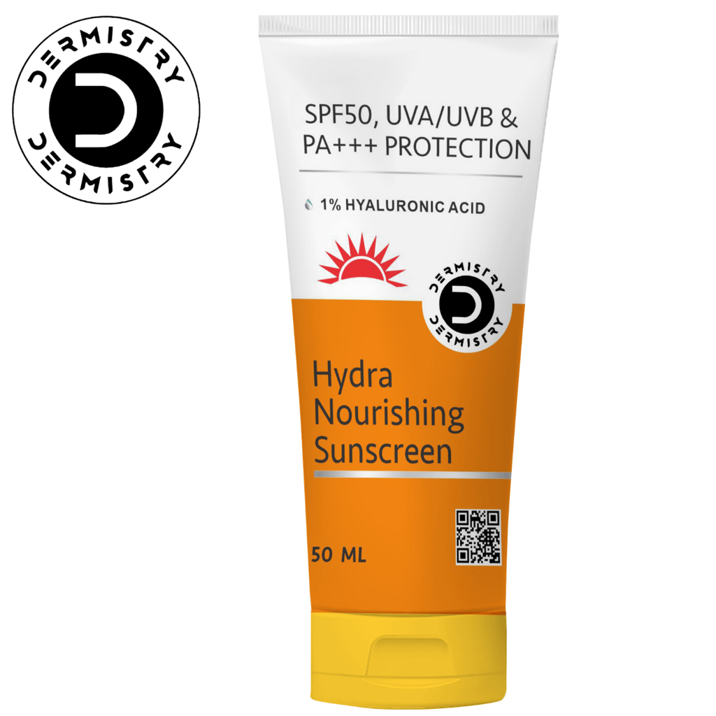 Dermistry 1% Hyaluronic Acid Hydra Nourishing Anti-Pollution Sunscreen Aqua Gel for Dry Skin SPF 50 UVA UVB PA+++ Sun Blue Light Radiation Protection Very High Broad Spectrum Moisturizing Lotion Non Tinted Greasy Water & Sweat Resistant Lightweight Cream for Daily Use Quick Absorb No White Cast For All Skin Type-50ml