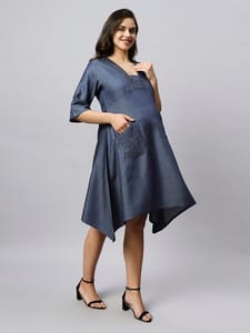 TUMMY - Asymatrical denim maternity dress with side pockets