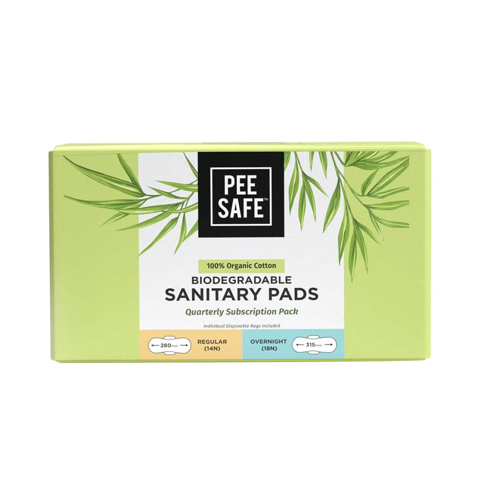 PEESAFE Organic Cotton Biodegradable Sanitary Pads, Quarterly Pack (Pack of 14 Regular & 18 Overnight Pads) | Anti-Bacterial|Superb Absorbency |Long Lasting Protection| Skin Friendly | Comfortable