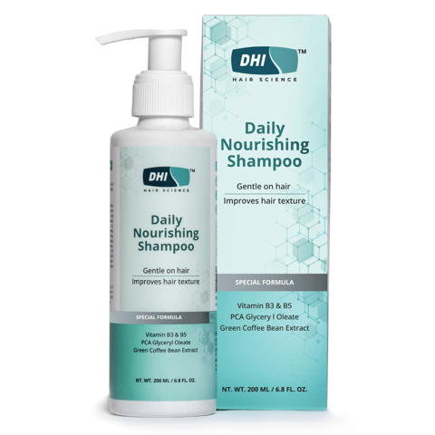 DHI Daily Nourishing Shampoo with Vitamin B3 & B5, PCA Glyceryl Oleate & Green Coffee Bean Extract | Improves Hair Texture, Protects | Dermatologically Tested | For All Hair Types | Paraben & Sulphate Free Shampoo for Men & Women | 200 ml